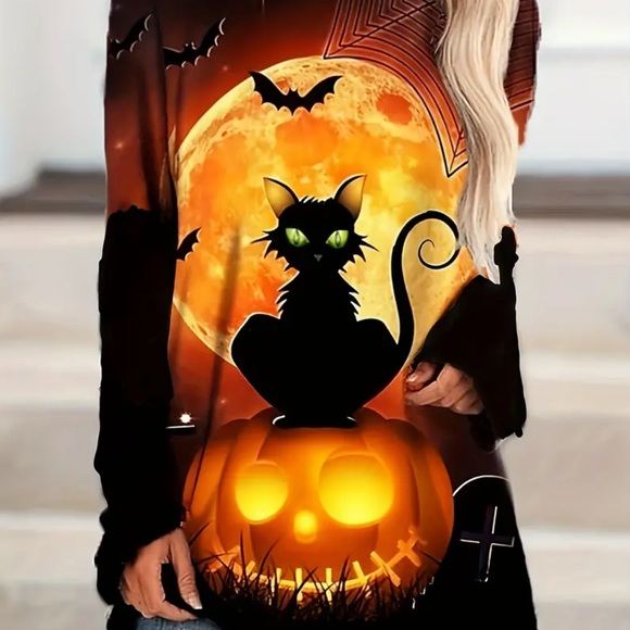 🎃 Halloween Cat Print Crew Neck T-Shirt - Picture 3 of 8